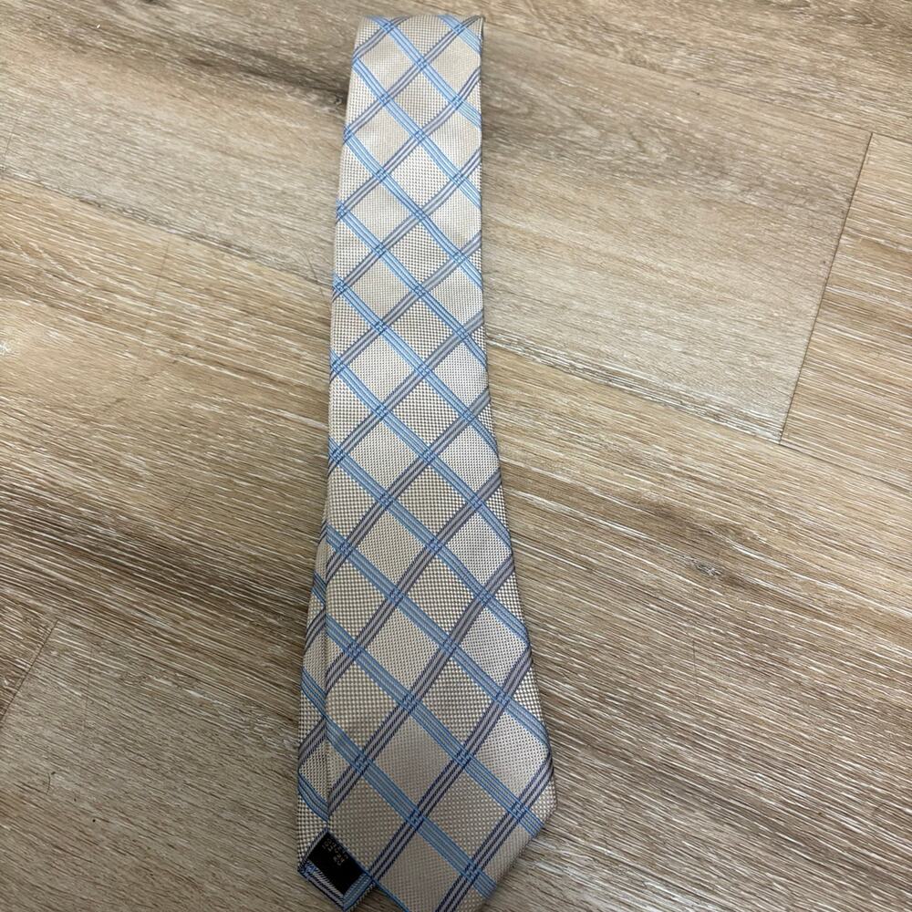 Tasso Elba Men’s Beige Blue Plaid Silk NeckTie – Classic One Size